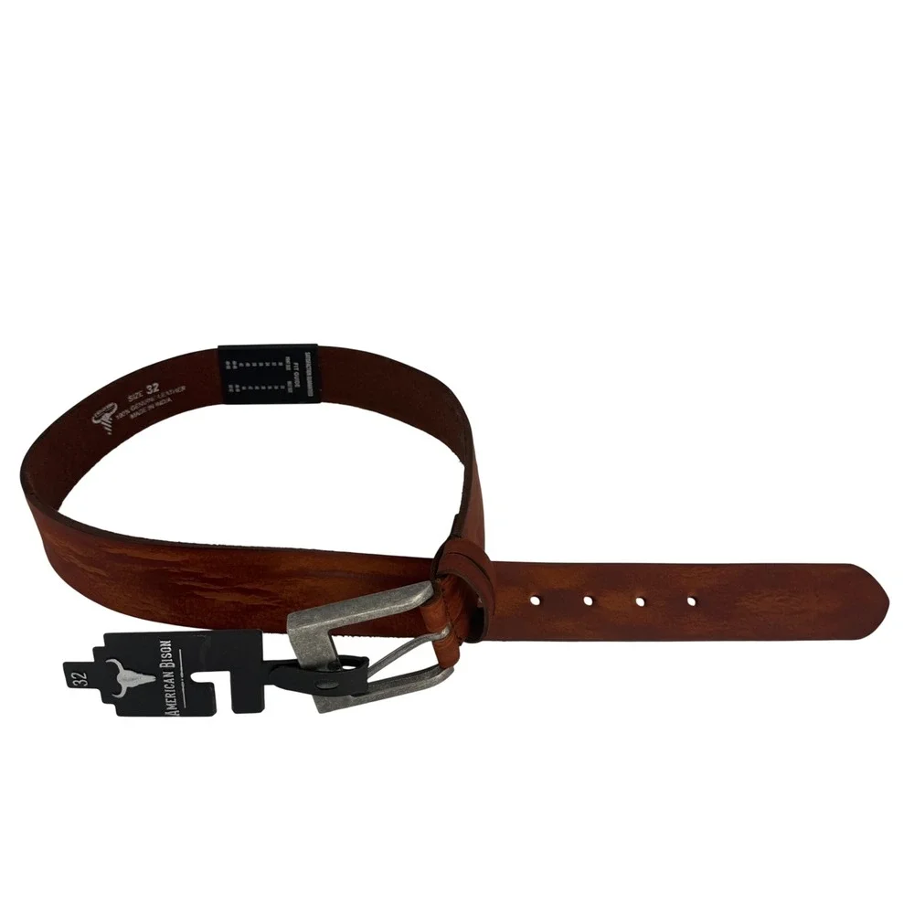 American Bison Cognac Leather Belt Rugged Americana Western Heritage Size 32‎